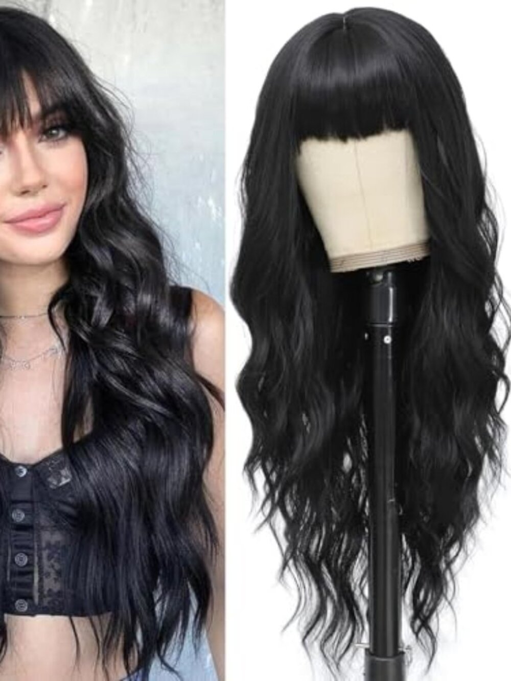 Black Wig with Bangs for Women Long Black Wavy Wigs 26 Inch Natural Black Wig